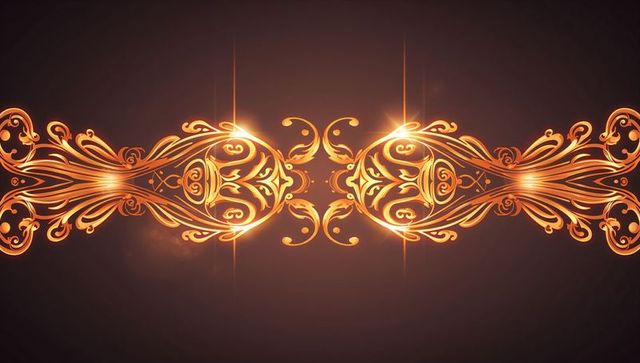 Ornate glowing gold filigree border with mirrored medallions and radiant light flares