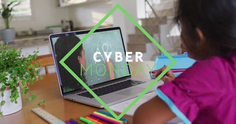 Child studying in modern kitchen during online class