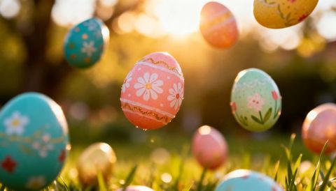 Hovering Pastel Easter Egg with Daisy Motif Glowing at Golden Hour Over Dewy Grass