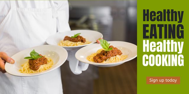 This image depicts a chef holding three plates of spaghetti bolognese. It can be used for advertising healthy eating and cooking classes, restaurant promotions, culinary presentations, or nutritional campaigns.