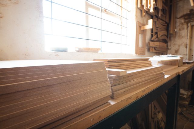 This image shows a stack of wooden planks neatly arranged by a window in a workshop. The sunlight streaming through the window highlights the natural texture of the wood, creating a warm and inviting atmosphere. Ideal for use in articles or advertisements related to carpentry, woodworking, DIY projects, or craftsmanship. It can also be used to illustrate concepts of manufacturing, construction materials, or interior design.