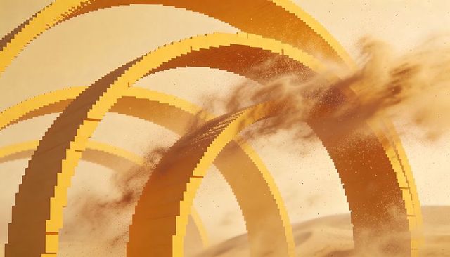 Golden segmented arches curving over desert dunes with dust plumes stair-step rings