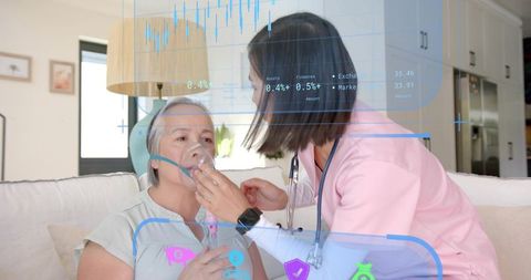 Nurse adjusting oxygen mask for senior during homecare visit with telemedicine overlay