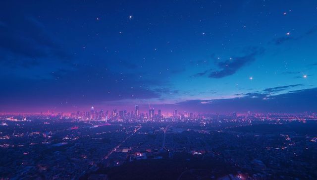 Futuristic Cityscape with Neon Glow and Stars at Twilight