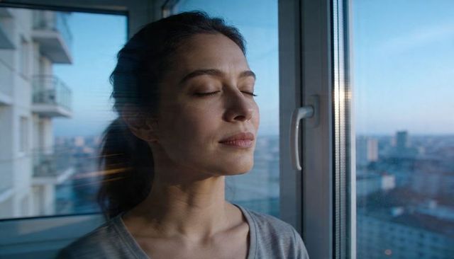 Woman breathing calmly by high-rise window with urban skyline, glass reflections and tranquility