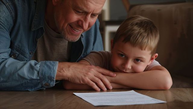 Older man guiding young boy reading document at home table, sharing warm family moment