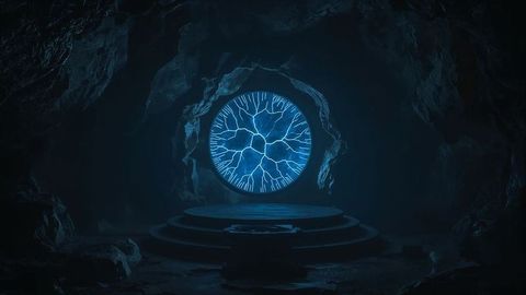 Mystical blue energy portal inside enchanted cave