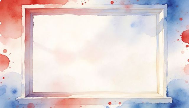 Watercolor frame with red and blue splatters on textured paper for background