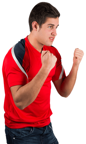Ecstatic Male Sports Fan Celebrating in Red Shirt, Transparent Background