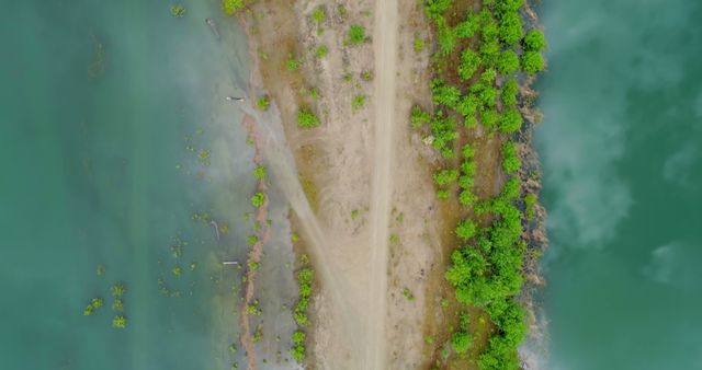 Aerial Perspective of Path Dividing Lush Greenery and Calming Blue Waters - Download Free Stock Images Pikwizard.com