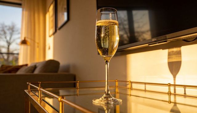 Champagne flute on glass table catching golden hour sunlight for elegant lounge ambience