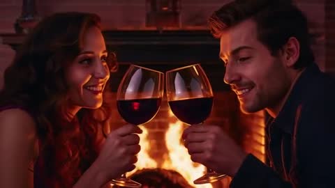 Romantic Couple Toasting with Wine by Cozy Fireplace