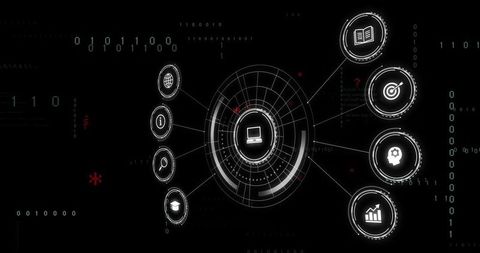 Displaying Futuristic Cyber HUD Network with Central Laptop and Radial Data Visualization