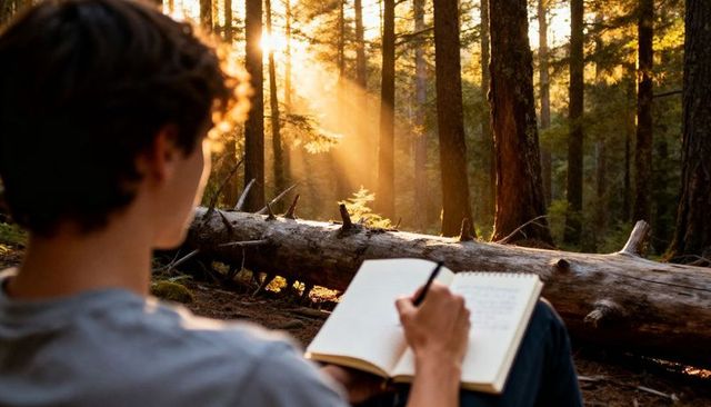 Teen writing in forest at golden hour journaling outdoors amid sunbeams and fallen log