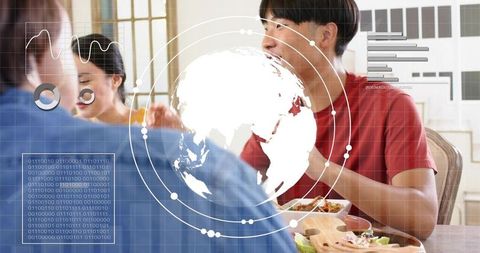 Group collaborating over meal with augmented reality global interface and data overlays
