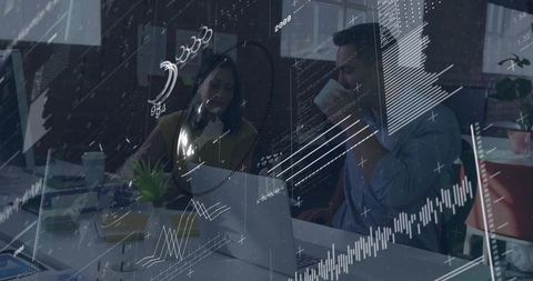 Collaborating colleagues analyzing financial charts on laptop with analytics data overlay