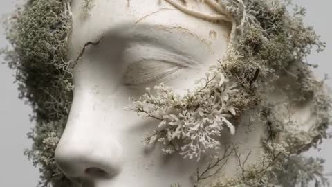Camera rig revealing classical marble bust with lichen and moss, bringing cracks into sharp detail