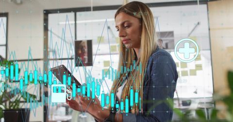 Businesswoman Analyzing Financial Data on Smartphone in Modern Office