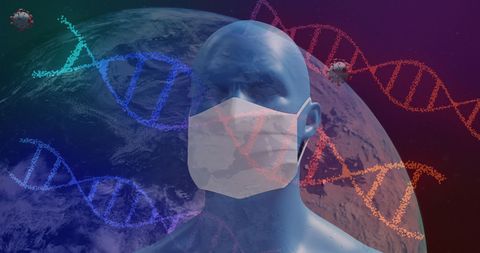 Global pandemic impact: dna, earth, and virus mask symbolism