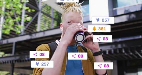 Fashionable Young Professional Drinking Coffee with Digital Connections Overlay