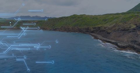 Digital Circuitry Overlay on Coastal Seascape - Download Free Stock Images Pikwizard.com