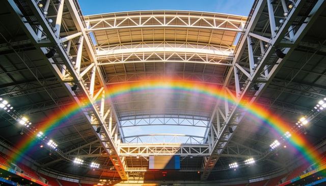 Vivid rainbow arching across retractable roof and steel trusses of sports arena