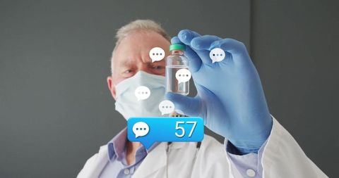 Doctor analyzing vial with interactive digital interface