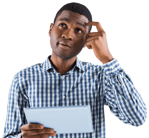 Thoughtful Young Professional Holding Tablet on Transparent Background - Download Free Stock Videos Pikwizard.com