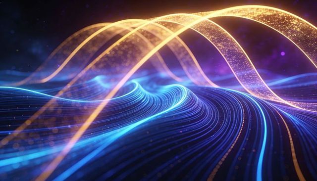 Neon Data Waves Flowing Blue Strands and Golden Ribbons Across Futuristic Digital Landscape