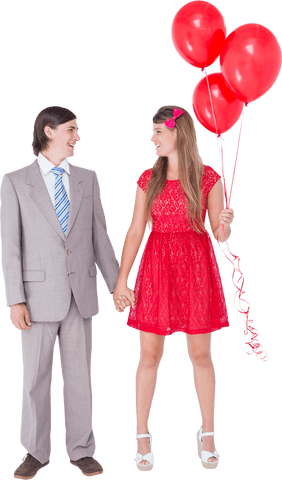 Geeky couple holding hands with red balloons, white background