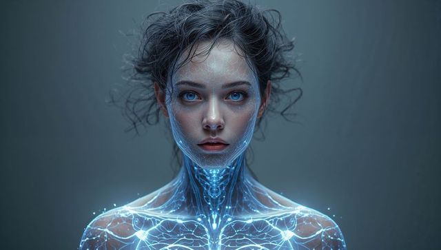 Bioluminescent Cyborg Portrait with Neural Circuitry Glowing across Face, Neck and Shoulders
