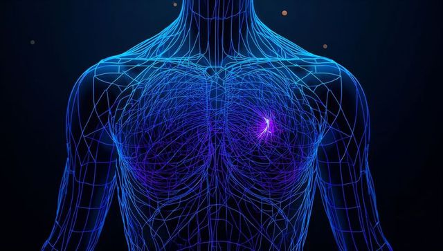 Neon wireframe torso visualizing neural network with glowing left-chest node