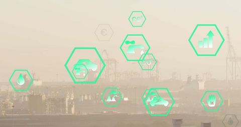 Green Energy Icons Overlay on Industrial Cityscape