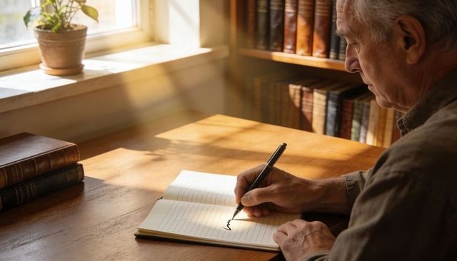 Senior man writing in journal at sunlit wooden desk with leatherbound books and pen