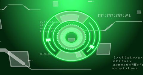 Futuristic digital interface with glowing scanner and code