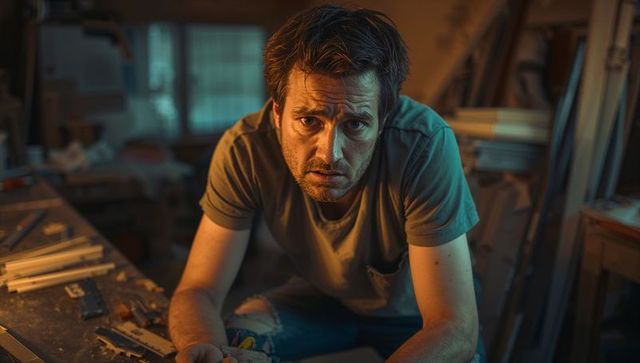 Leaning fatigued carpenter working at cluttered workshop bench under warm moody light