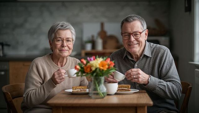 Senior couple enjoying morning tea and cake at cozy kitchen table with fresh bouquet