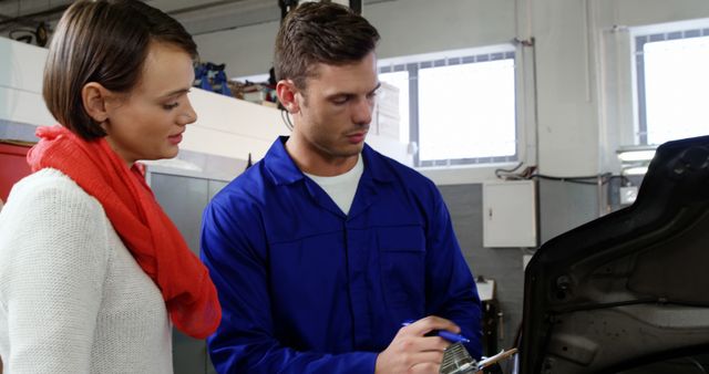 Female Customer Consulting Auto Mechanic in Garage - Download Free Stock Images Pikwizard.com