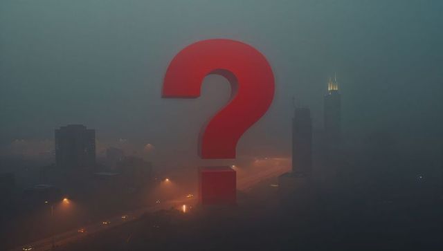 Floating red question mark above foggy cityscape at dusk