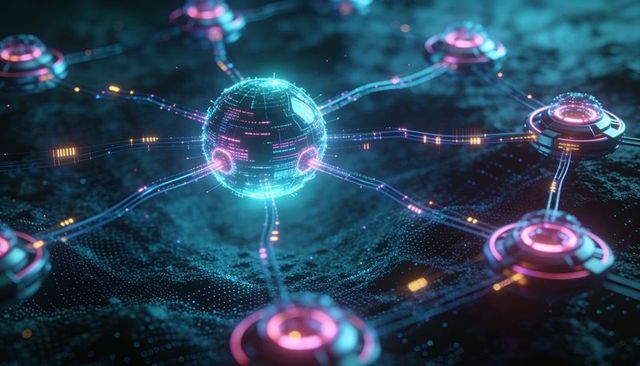Glowing data sphere connecting ringed network hubs via neon conduits on digital grid