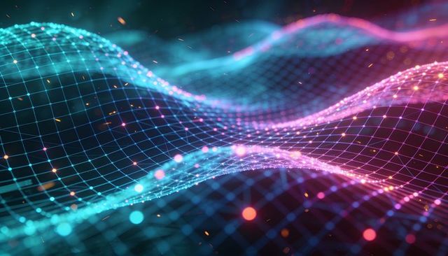Neon grid wave undulating across digital space with glowing nodes and sparks