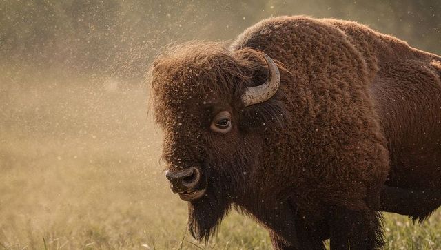 Majestic american bison standing in golden backlit prairie with dust and shaggy mane