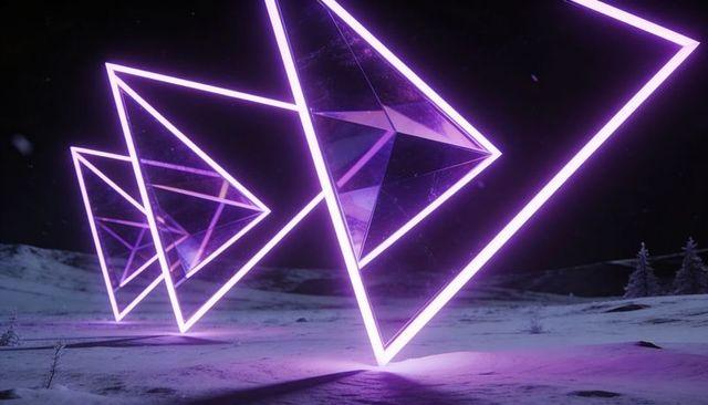 Hovering neon triangles refracting magenta light across snowy plain at night