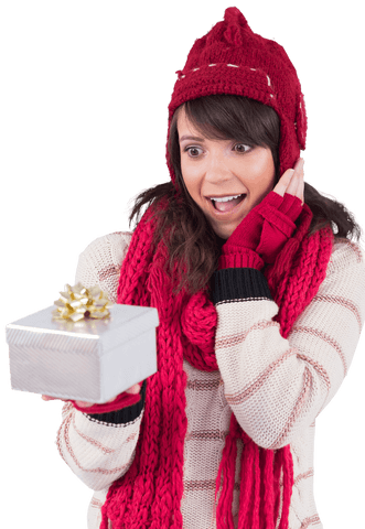 Surprised Woman Holding Transparent Wrapped Gift