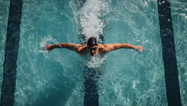 Swimmer performing butterfly stroke overhead in turquoise lap pool with splashes