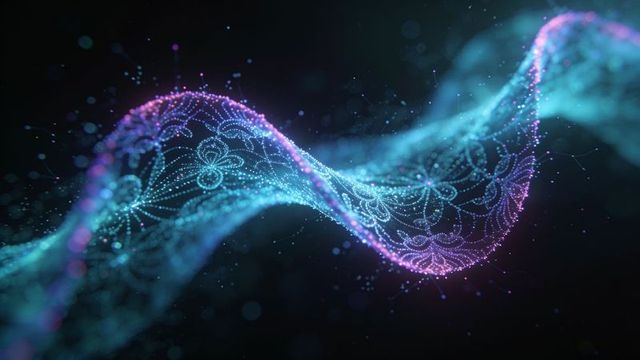 Sinuous neon particle ribbon weaving lace motifs and mesh nodes, futuristic digital flow