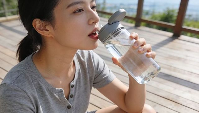 Young asian woman drinking from reusable flip-top water bottle on sunlit seaside deck