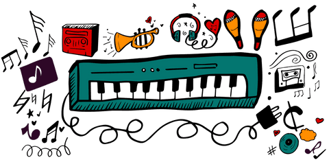 Colorful hand drawn music icons on transparent background