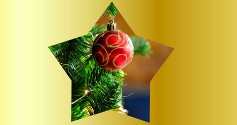A vibrant Christmas ornament hangs on a green pine tree branch, captured within a unique star-shaped frame. The background gold gradient adds warmth and festive charm. Ideal for seasonal greeting cards, holiday-themed marketing materials, festive event invitations, or interior design inspirations. Evokes feelings of joy and Christmas tradition.