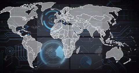 Futuristic Global Map HUD with Digital Radar, Network Traces, Data Nodes and Cyber Connectivity
